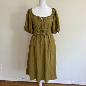 Universal Thread Olive Green Puff Sleeve Smocked Waist Cotton Midi Dress XS